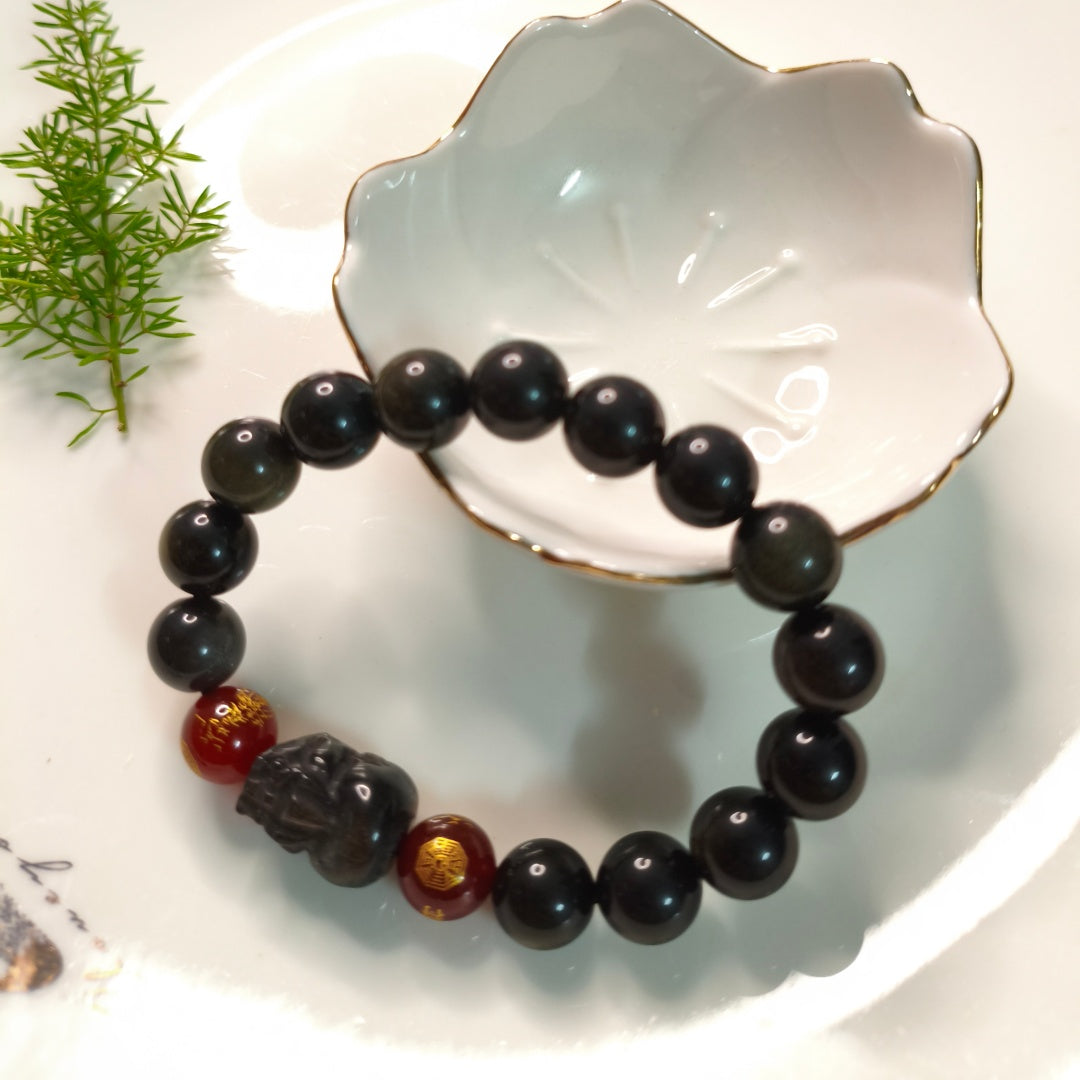 Wealth*Protection/Abundant Golden Obsidian Bracelet with Wealth Pi Xiu + Red Agate Charm
