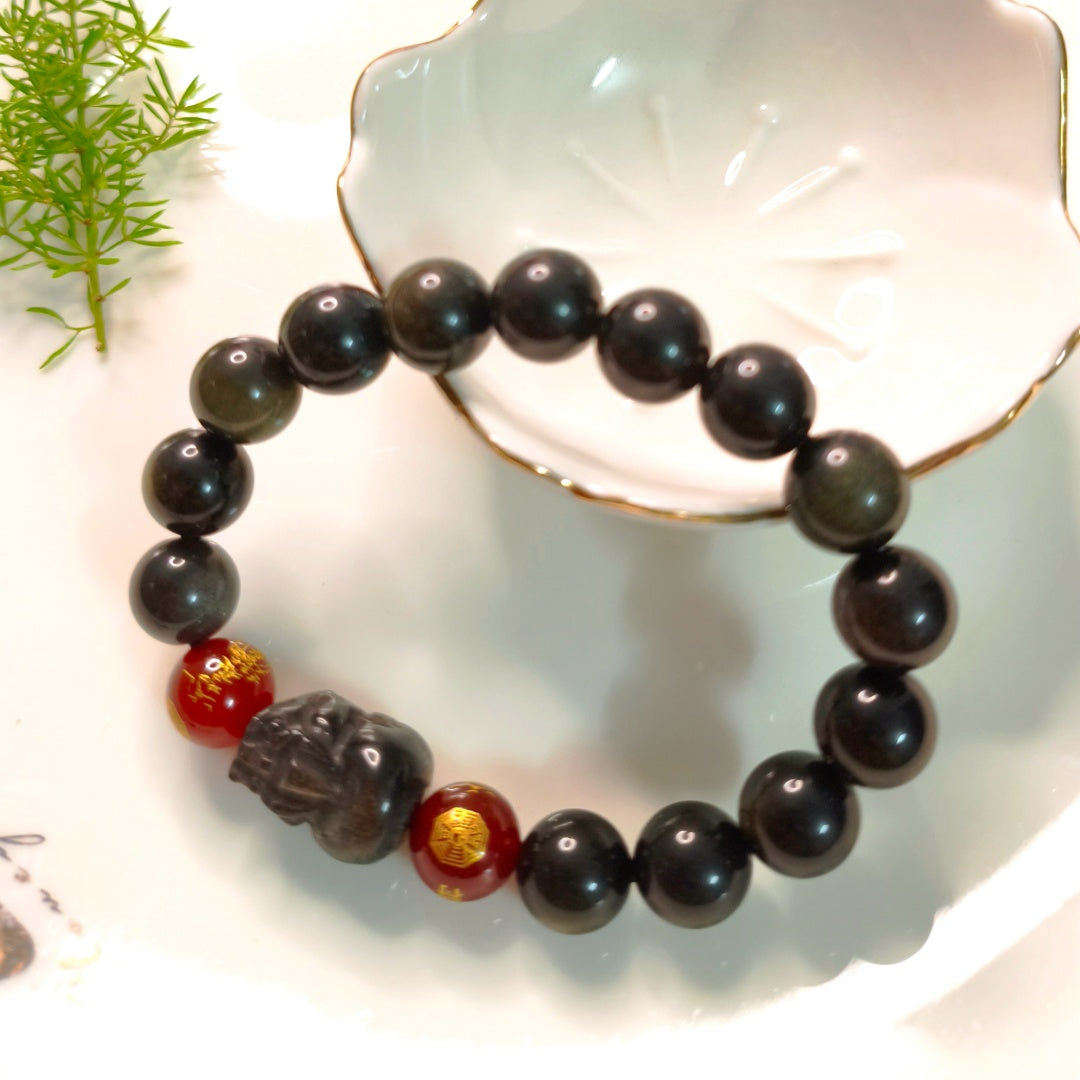 Wealth*Protection/Abundant Golden Obsidian Bracelet with Wealth Pi Xiu + Red Agate Charm
