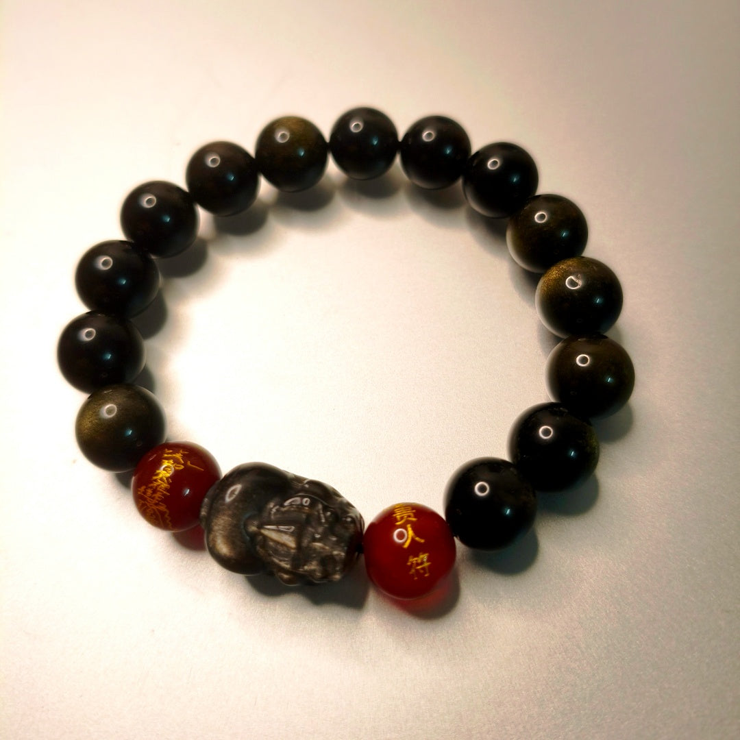 Wealth*Protection/Abundant Golden Obsidian Bracelet with Wealth Pi Xiu + Red Agate Charm