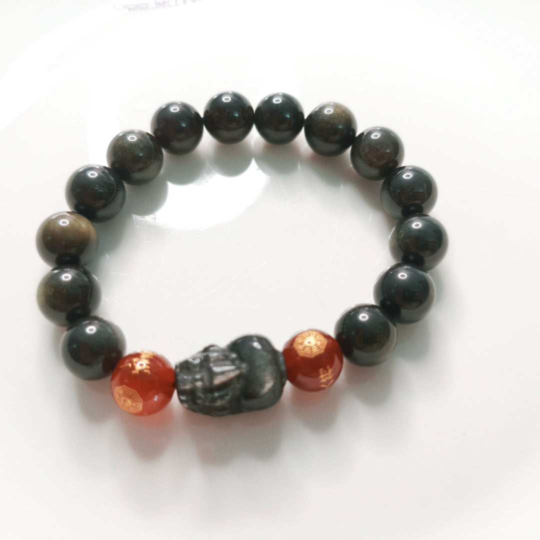 Wealth*Protection/Abundant Golden Obsidian Bracelet with Wealth Pi Xiu + Red Agate Charm