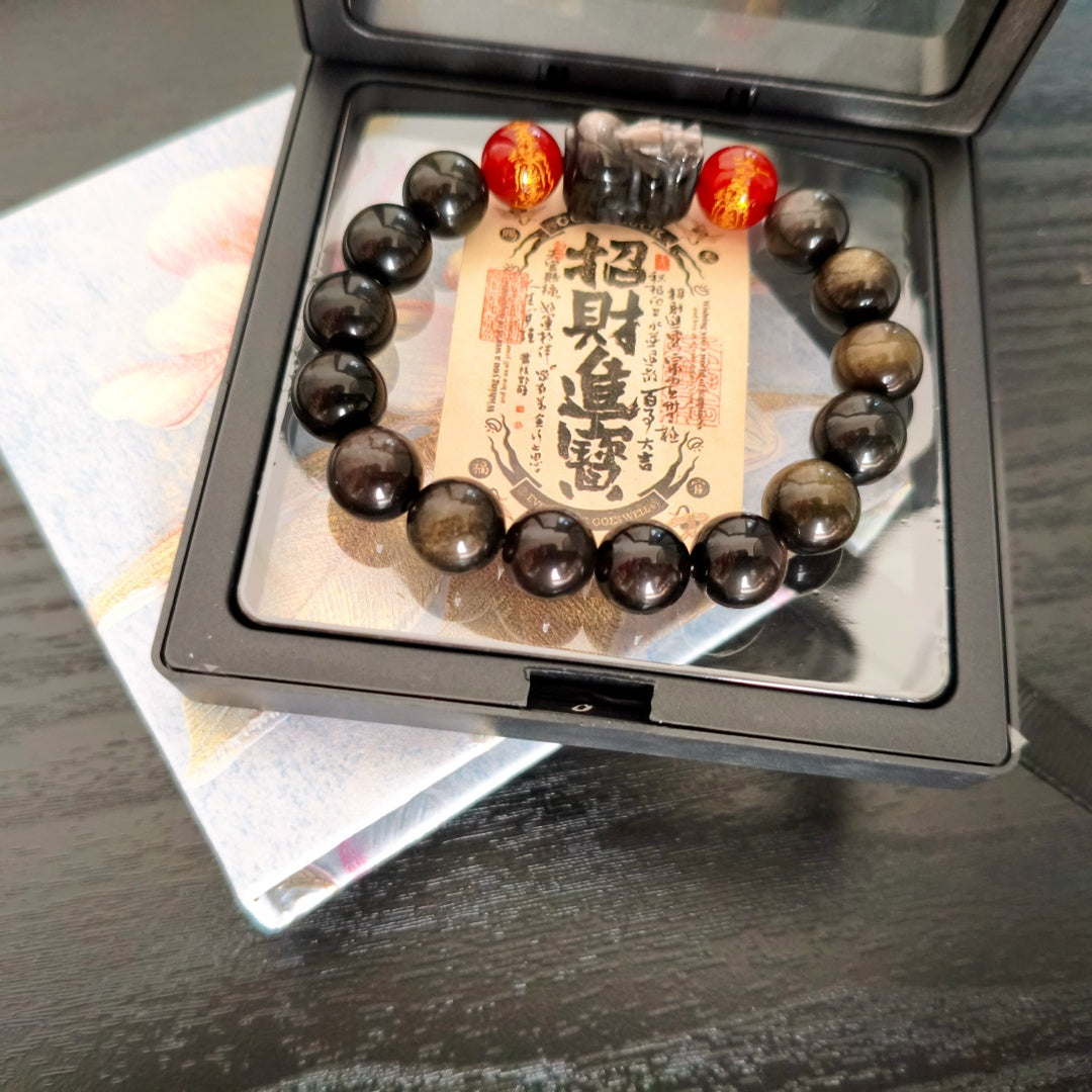 Wealth*Protection/Abundant Golden Obsidian Bracelet with Wealth Pi Xiu + Red Agate Charm