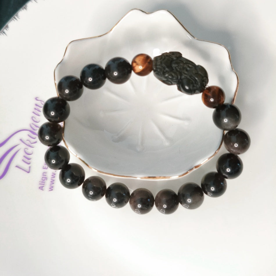 Wealth*Protection*Courage 10mm Silver Sheen Obsidian & Gold Sheen Obsidian Pixiu Bracelet with 8.4mm Tiger's Eye Beads