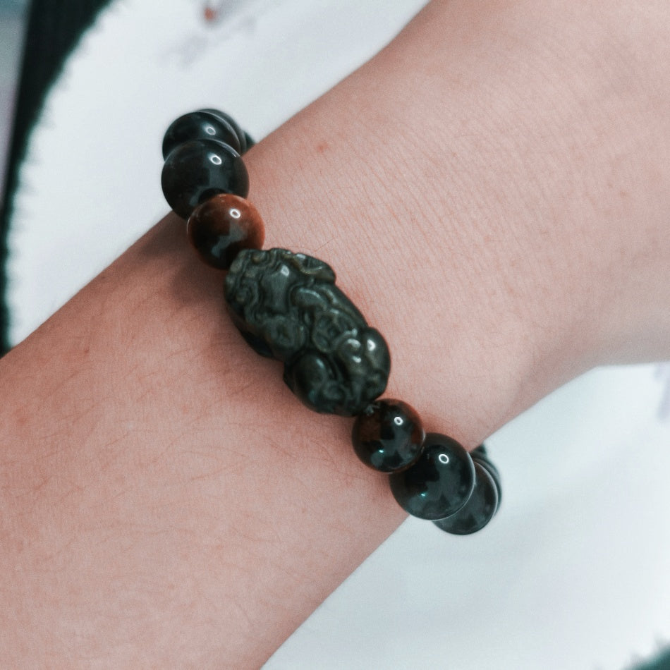 Wealth*Protection*Courage 10mm Silver Sheen Obsidian & Gold Sheen Obsidian Pixiu Bracelet with 8.4mm Tiger's Eye Beads