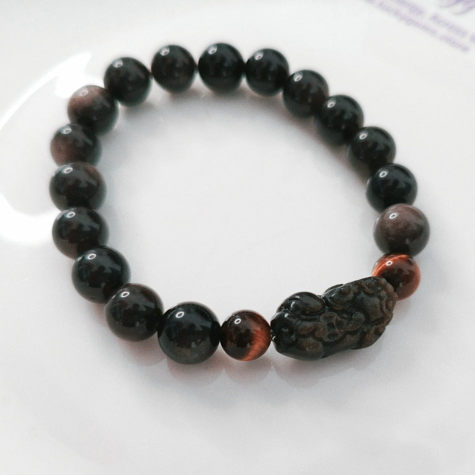 Wealth*Protection*Courage 10mm Silver Sheen Obsidian & Gold Sheen Obsidian Pixiu Bracelet with 8.4mm Tiger's Eye Beads