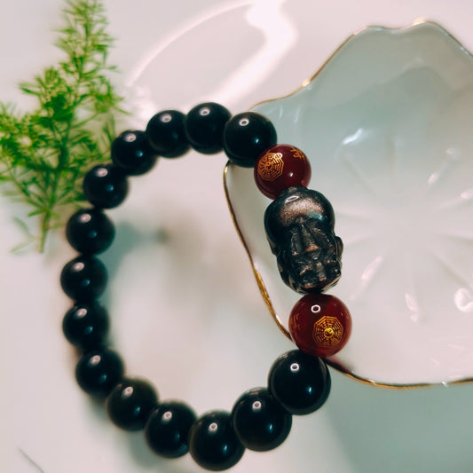 Wealth*Protection/Abundant  Golden Obsidian Bracelet with Wealth Pi Xiu + Red Agate Charm