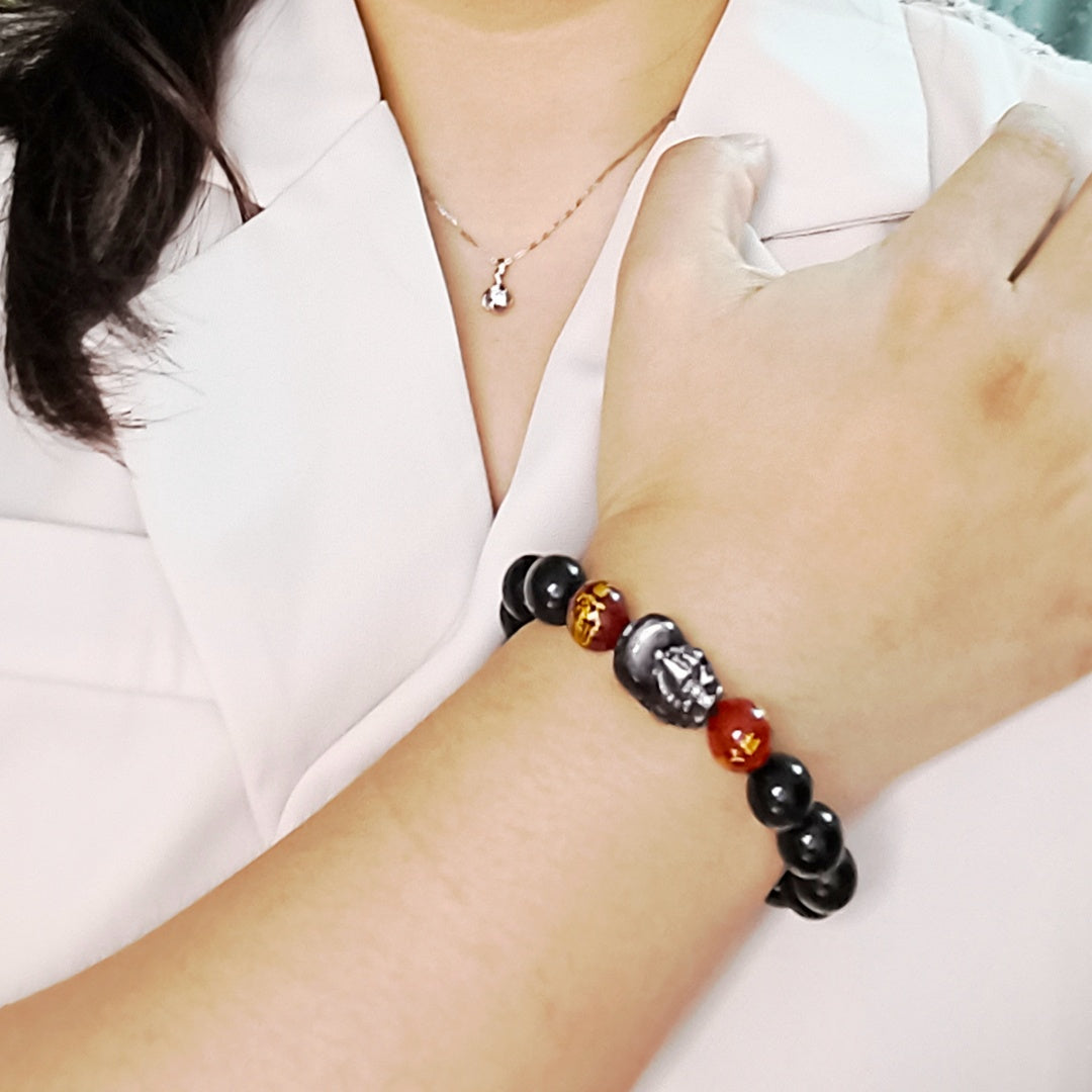 Wealth*Protection/Abundant  Golden Obsidian Bracelet with Wealth Pi Xiu + Red Agate Charm