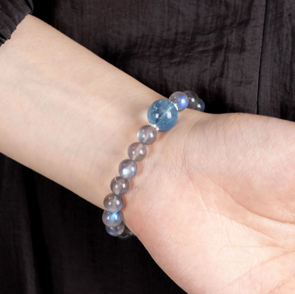 Grade 3A/5AOcean Moon Magic Bracelet: Blue Flash Moonstone & Collector's Sapphire for Inner Peace