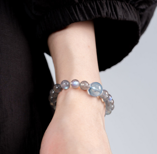 Grade 3A/5AOcean Moon Magic Bracelet: Blue Flash Moonstone & Collector's Sapphire for Inner Peace