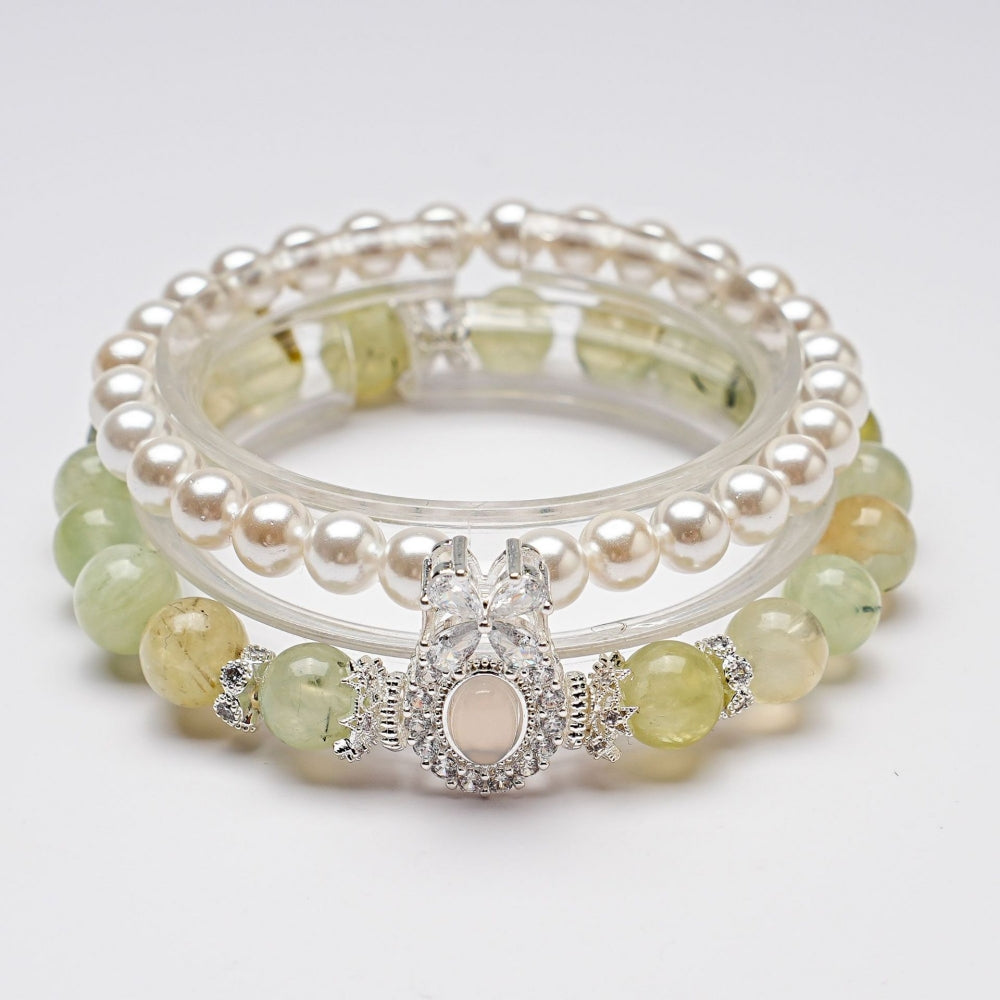 Moon Rose Quartz & stacked Pearl Bracelet: Heart Chakra Healing & Love Alignment