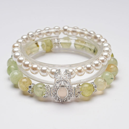 Moon Rose Quartz & stacked Pearl Bracelet: Heart Chakra Healing & Love Alignment