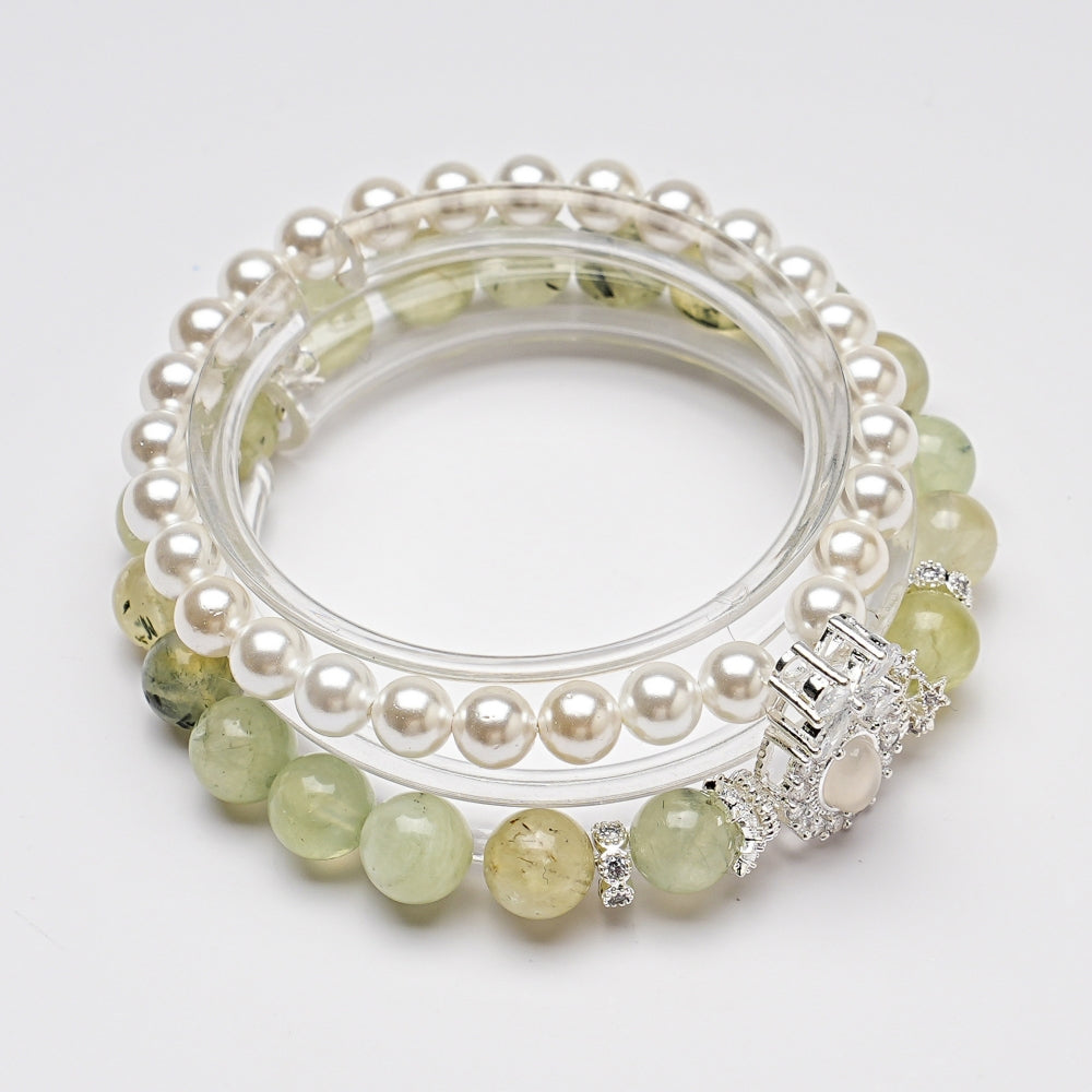 Moon Rose Quartz & stacked Pearl Bracelet: Heart Chakra Healing & Love Alignment