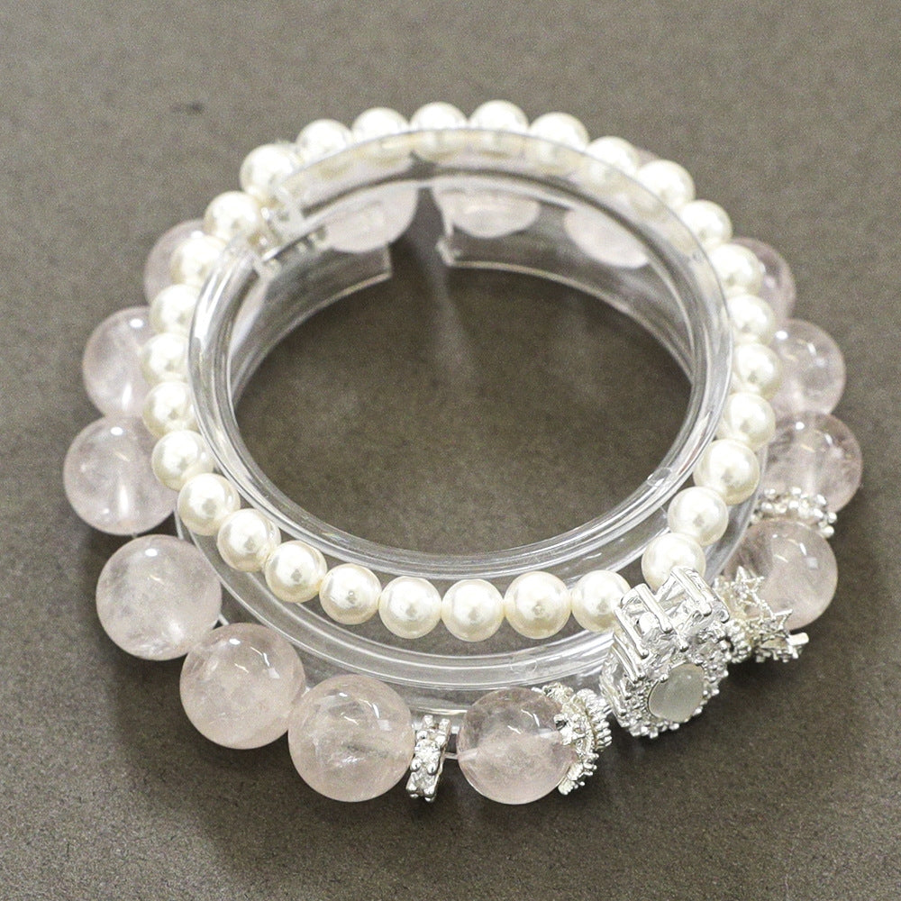 Moon Rose Quartz & stacked Pearl Bracelet: Heart Chakra Healing & Love Alignment
