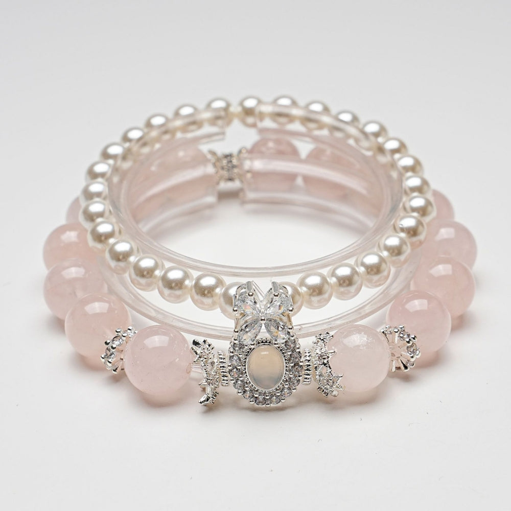 Moon Rose Quartz & stacked Pearl Bracelet: Heart Chakra Healing & Love Alignment