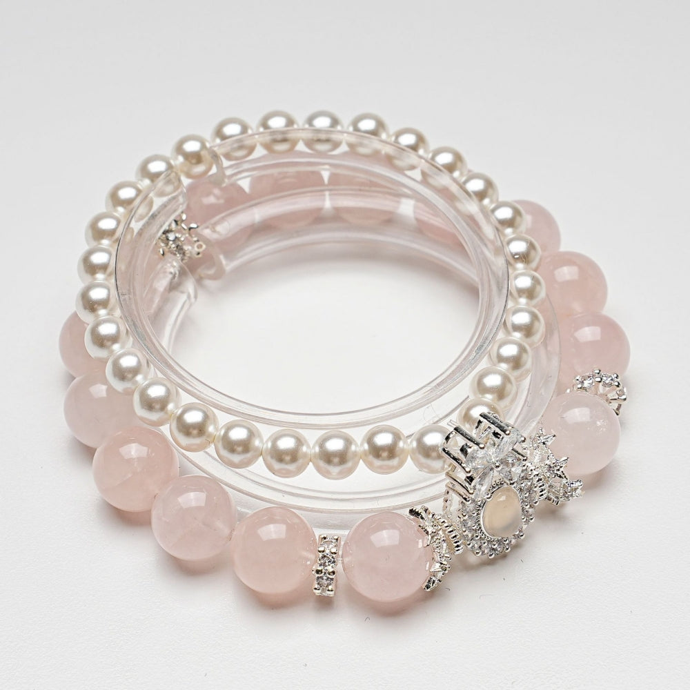 Moon Rose Quartz & stacked Pearl Bracelet: Heart Chakra Healing & Love Alignment
