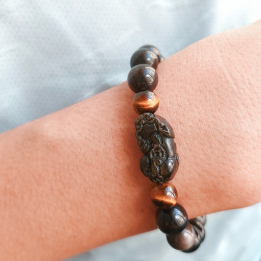 Wealth*Protection*Courage 10mm Silver Sheen Obsidian & Gold Sheen Obsidian Pixiu Bracelet with 8.4mm Tiger's Eye Beads