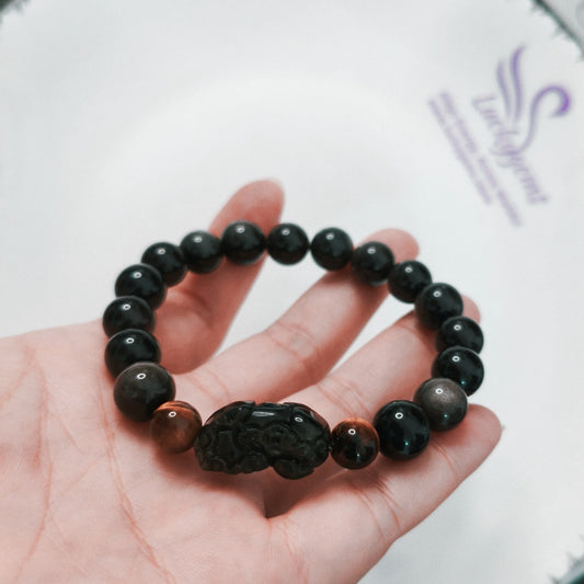 Wealth*Protection*Courage 10mm Silver Sheen Obsidian & Gold Sheen Obsidian Pixiu Bracelet with 8.4mm Tiger's Eye Beads