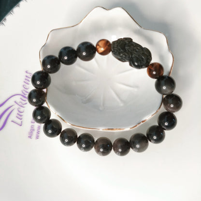 Wealth*Protection*Courage 10mm Silver Sheen Obsidian & Gold Sheen Obsidian Pixiu Bracelet with 8.4mm Tiger's Eye Beads